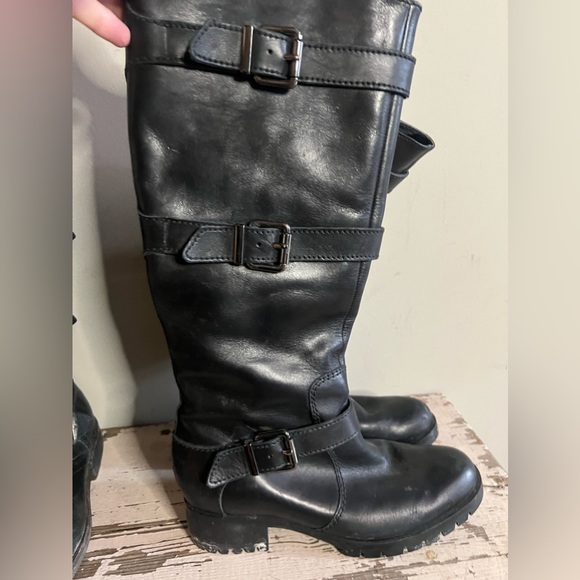 Karl Lagerfeld Black Leather Knee-High Riding Boots with Buckles - Picture 2 of 8